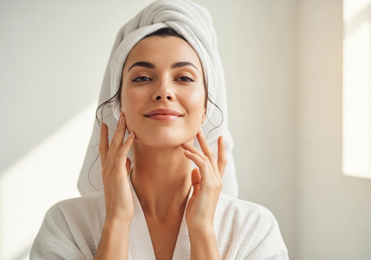 Woman checking her skin after shower