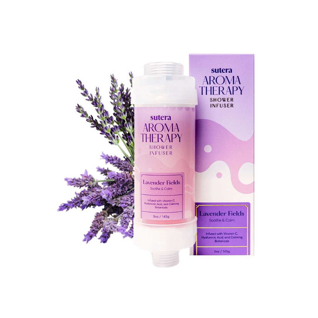 Sutera Aroma Therapy Lavender Shower Infuser with its packaging and a bundle of lavender