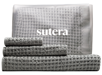 Gray Sutera Silverthread Body and Hand towels folded and stacked on top of eachother.