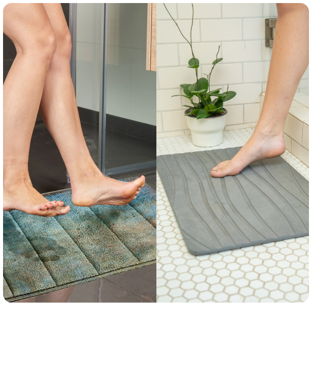 Image comparing traditional bath mats and Sutera Stone Bath Mat.