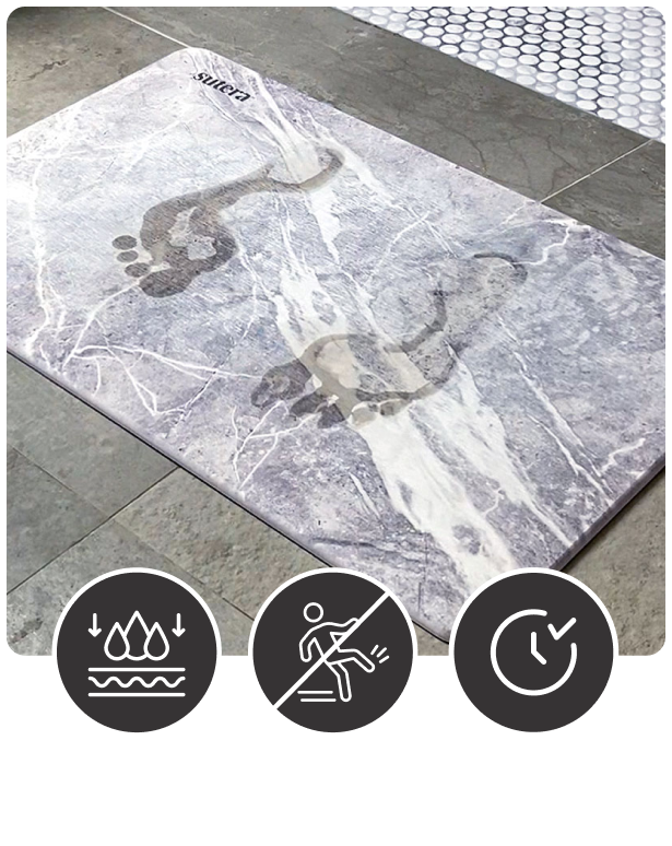 Stone Bath Mat with wet footprints showcasing: Diatomaceous Earth dries quickly, Textured design prevents slips, and Stone material lasts longer.